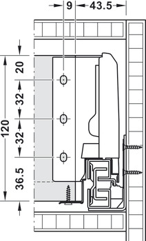 서랍 사이드 런너 시스템, 헤펠레 매트릭스 박스 S35, 서랍 사이드 높이 120 mm, 적재 하중 35 kg, 셀프 클로징 및 소프트 클로징 메커니즘